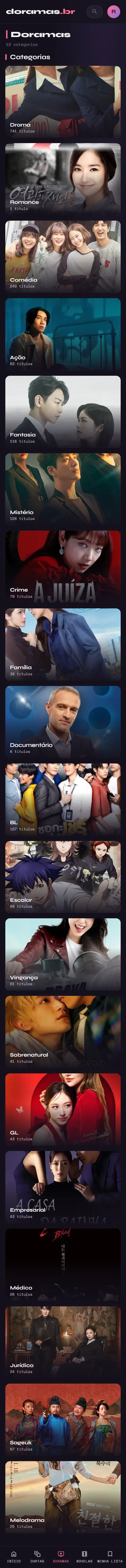 Tela de doramas no app